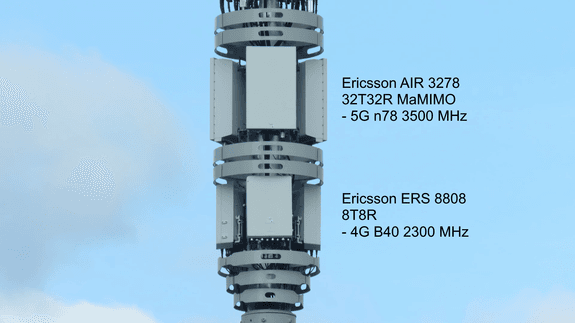 Ericsson Orion monopole with labelled massive MIMO panels.
