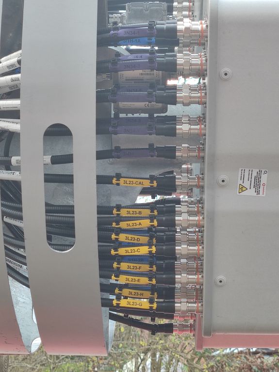 Photo of tagged feeders to a 24-port Commscope passive antenna panel, set up with an 8x8 antenna setup on 2300 MHz LTE (Band 40)